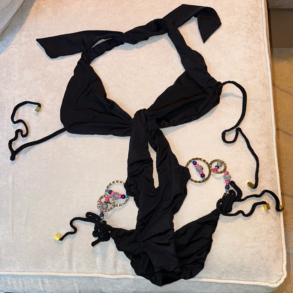 Beach Bunny Bronze limited edition beaded gold ring one piece monokini, black, S